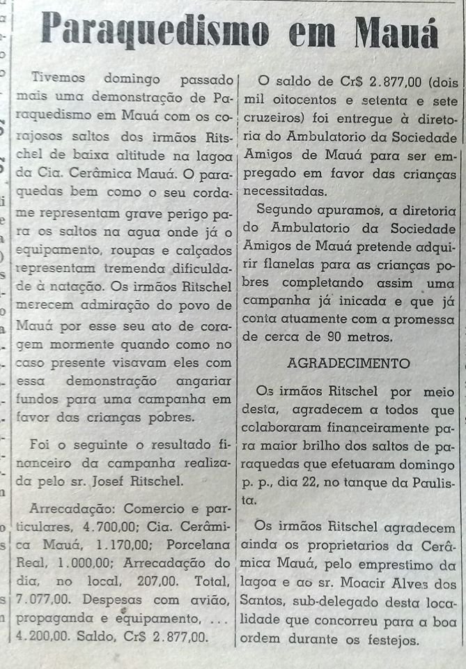 O Paraquedismo em Mauá - Folha de Mauá, 28 de maio de 1955